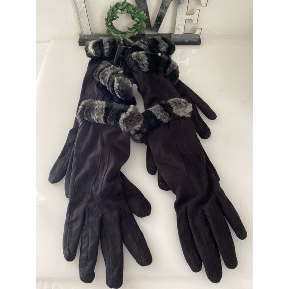 Vintage XS  Women's Faux Fur‎ Trim Gloves Winter Warm Black Gray Animal Print 2 - Picture 10 of 16